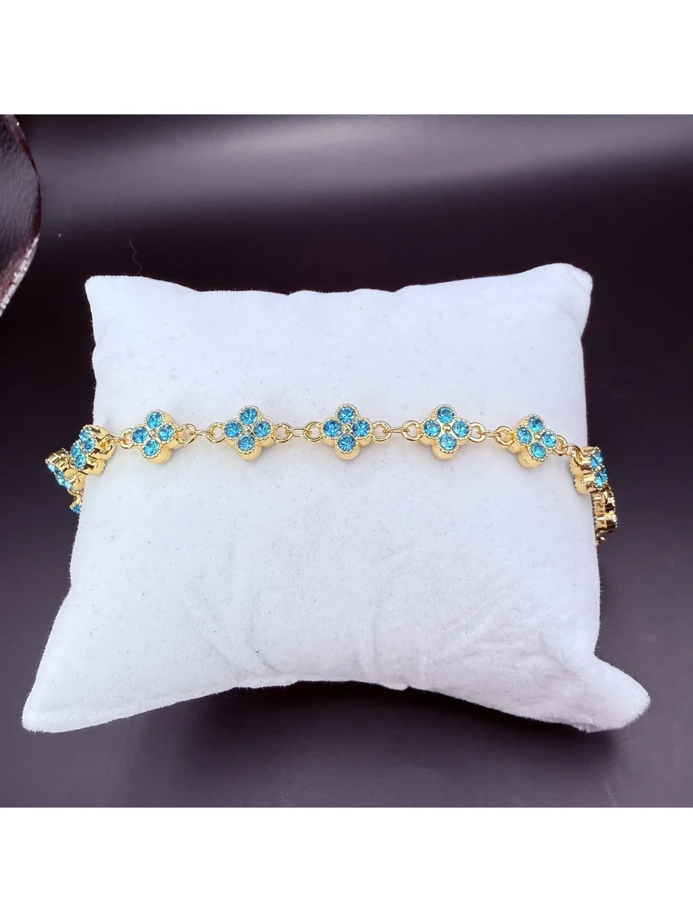 candy+clover aqua crystal clover gold tone bracelet